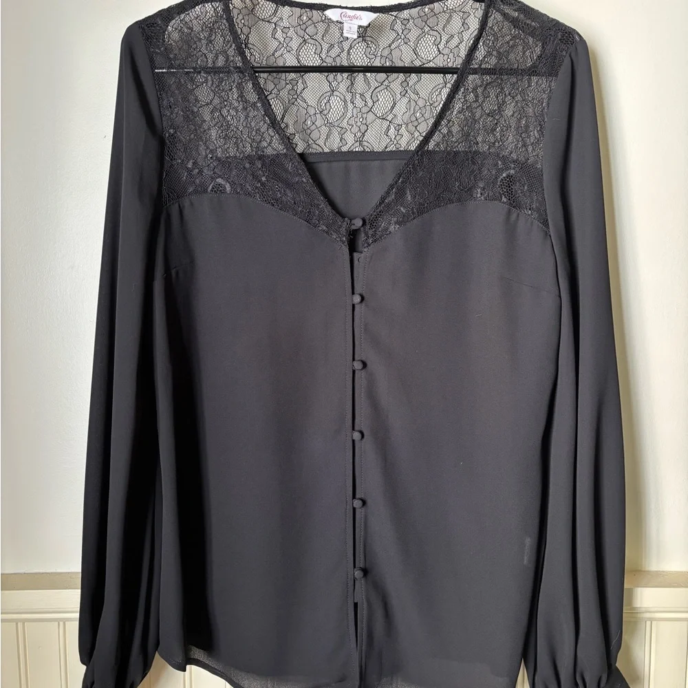 Candie's Black Buttoned Blouse with Sheer Panel - Picture 4 of 4